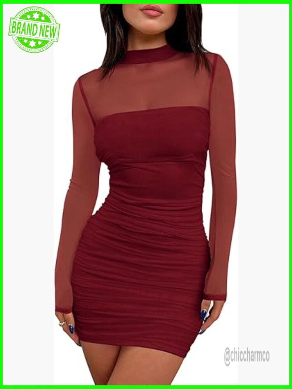 Ruched Mesh Sheer Mini Dress Bodycon Mock Neck Long Sleeve Club Night Out